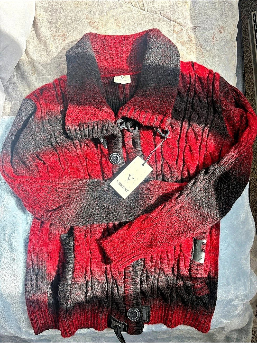 Vercini Men's Shawl Collar Cable Knit Toggle Cardigan in Red/Black NWT